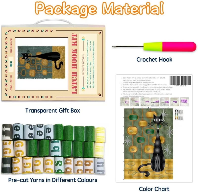 GLAECYY Latch Hook Kits Rug Crochet Yarn Kit Cushion Colour Pre-Printed Canvas Rug Needlework DIY Hook and Latch Kit (Black Cat) - Image 4